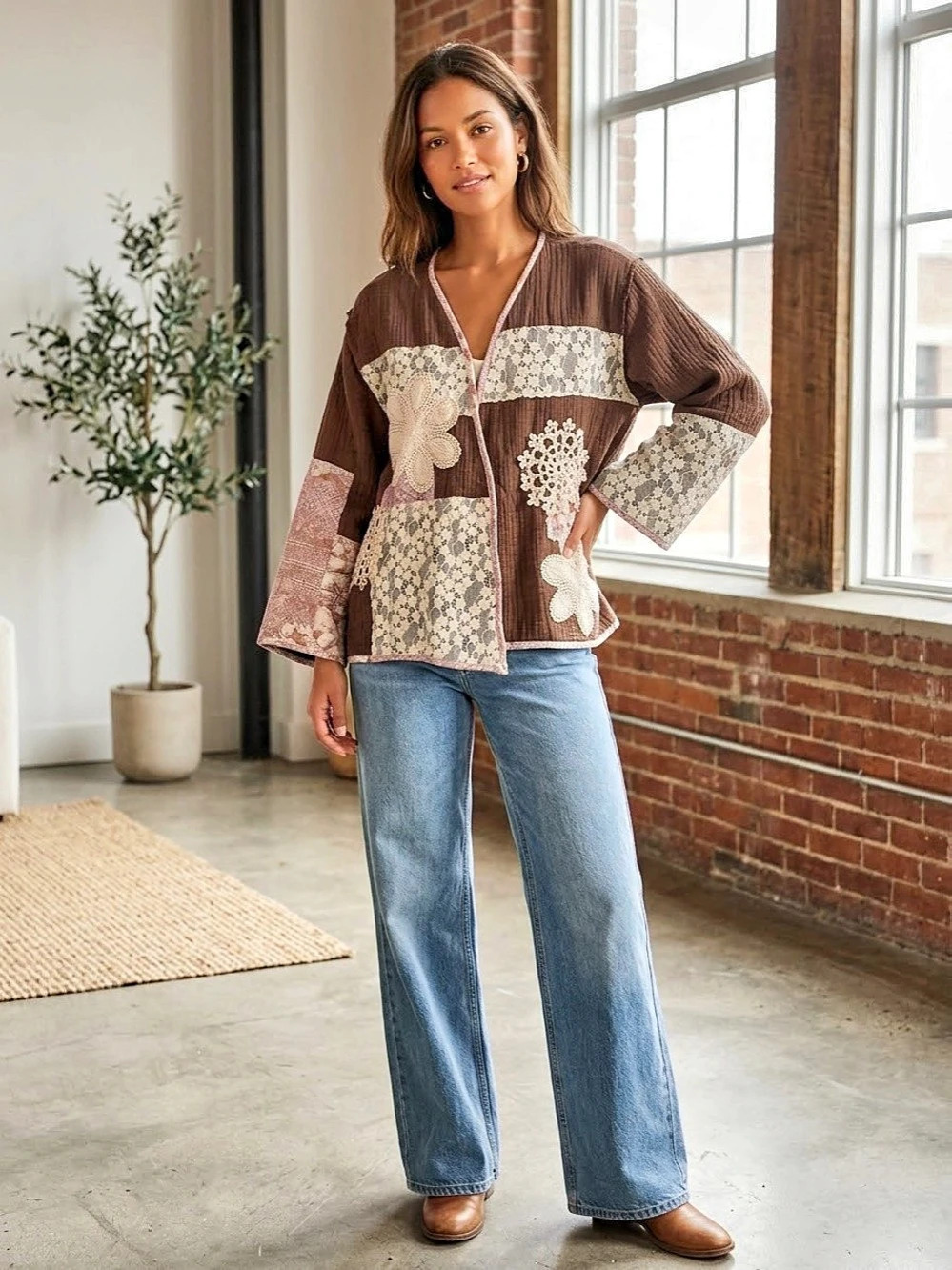 POL Women's Brown & Pink Floral Patchwork Shacket